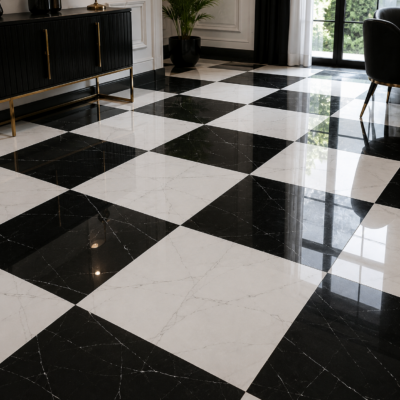 Płytki szachownica 60x60 połysk klasyka kamienne calacatta white połysk calacatta black połysk gresowe  Sorento